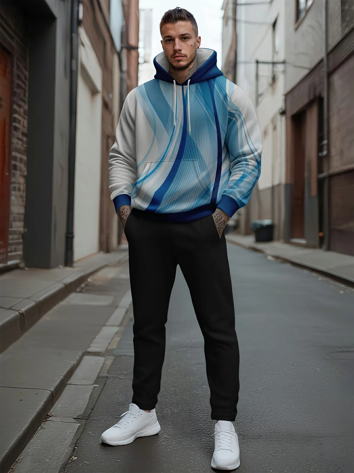 طقم بدلة رياضية بغطاء للرأس للرجال بطباعة ثلاثية الأبعاد، سويت شيرت كاجوال فضفاض من الصوف الدافئ #3