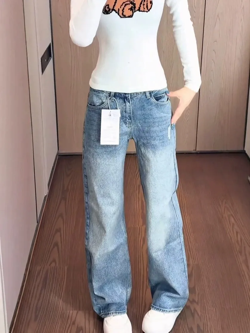 Low Waist American Retro Star Pocket Denim Jeans Women's Autumn Slimming Loose Casual Drapey Straight Leg Pants
