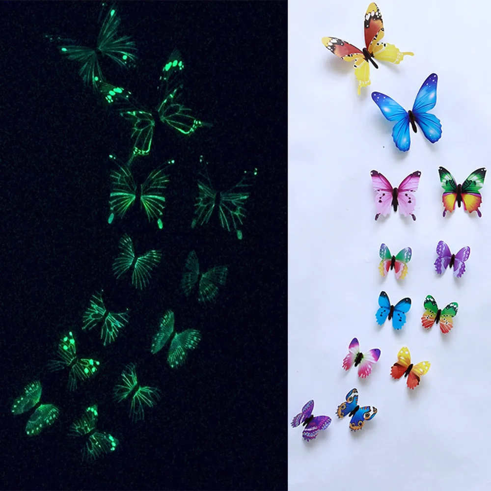 12pcs Luminous Butterfly Decal Art Wall Stickers Room Magnetic Home Decor butterflies glowing stickers stars shine in the dark