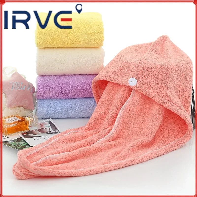 Productos de compra, toalla de microfibra para el cabello, gorro para el cabello con botón, accesorios de baño femeninos, albornoz de secado rápido, textiles para el hogar