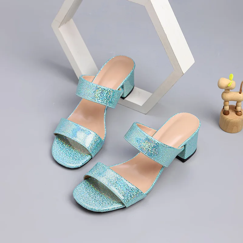 

Women's High Heel Sequins Sandals Summer New Style Chunky Heel Fashion Women Slippers Square Head One Strap Large Size Sandals