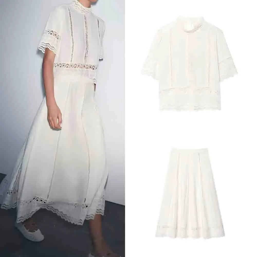 

Women's 2025 New Fashion crochet details casual short sleeved shirt retro stand collar women's shirt chic top+Skirts suit