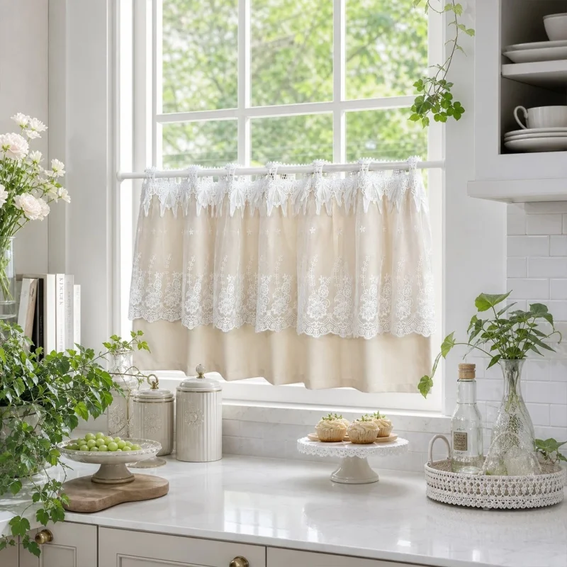 Beige Lace Cabinet Dust Curtain Semi-Sheer Star Embroidered No Drill Kitchen Cupboard Shelf Wardrobe Privacy Curtain