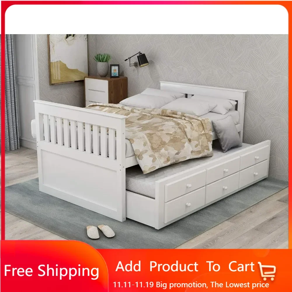 

Storage Twin Bed with Trundle and Drawers Wood Daybed Captain’s Bed Bedroom Furniture for Kids Teens Guests