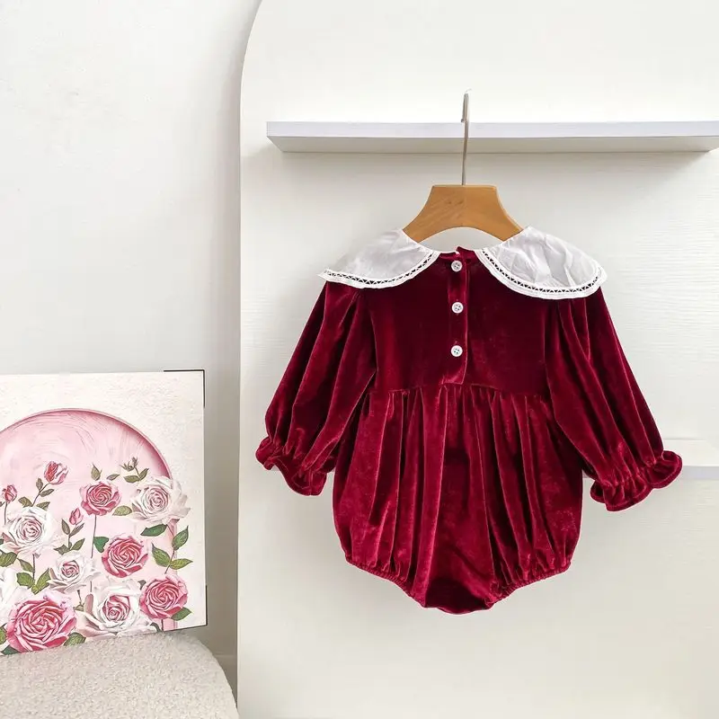 Baby Girls Velvet Romper Large Petal Collar Long Sleeve Vintage Bodysuit Spring Autumn