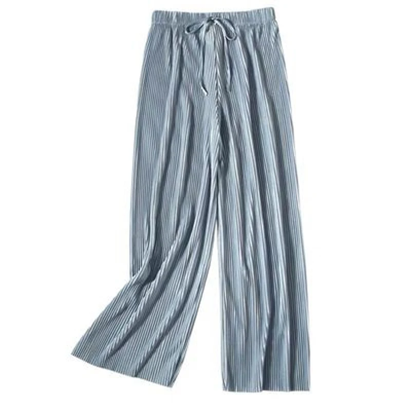 Women Fashion Summer Wide Leg Pants Pleated Ice Silk Trousers Elastic Waist Loose Casual Pants