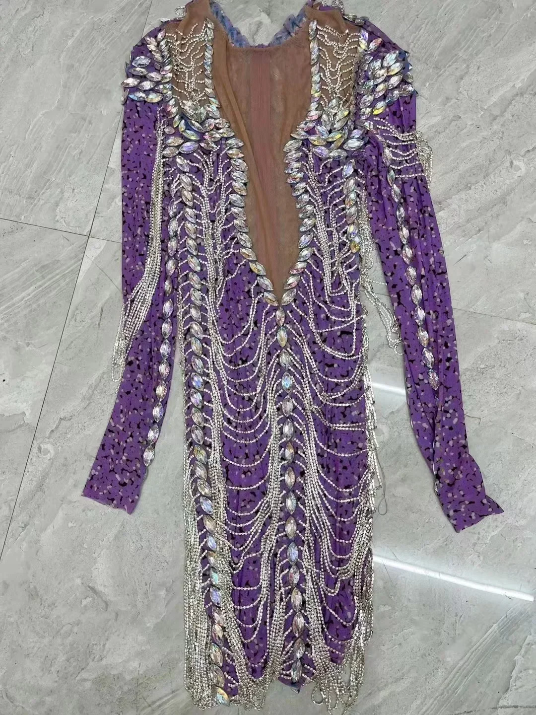 Sexy Purple AB Rhinestones Long Sleeves Dress Sexy Transparent Stretch Crystals Chains Birthday Dance Party Collections Gowns