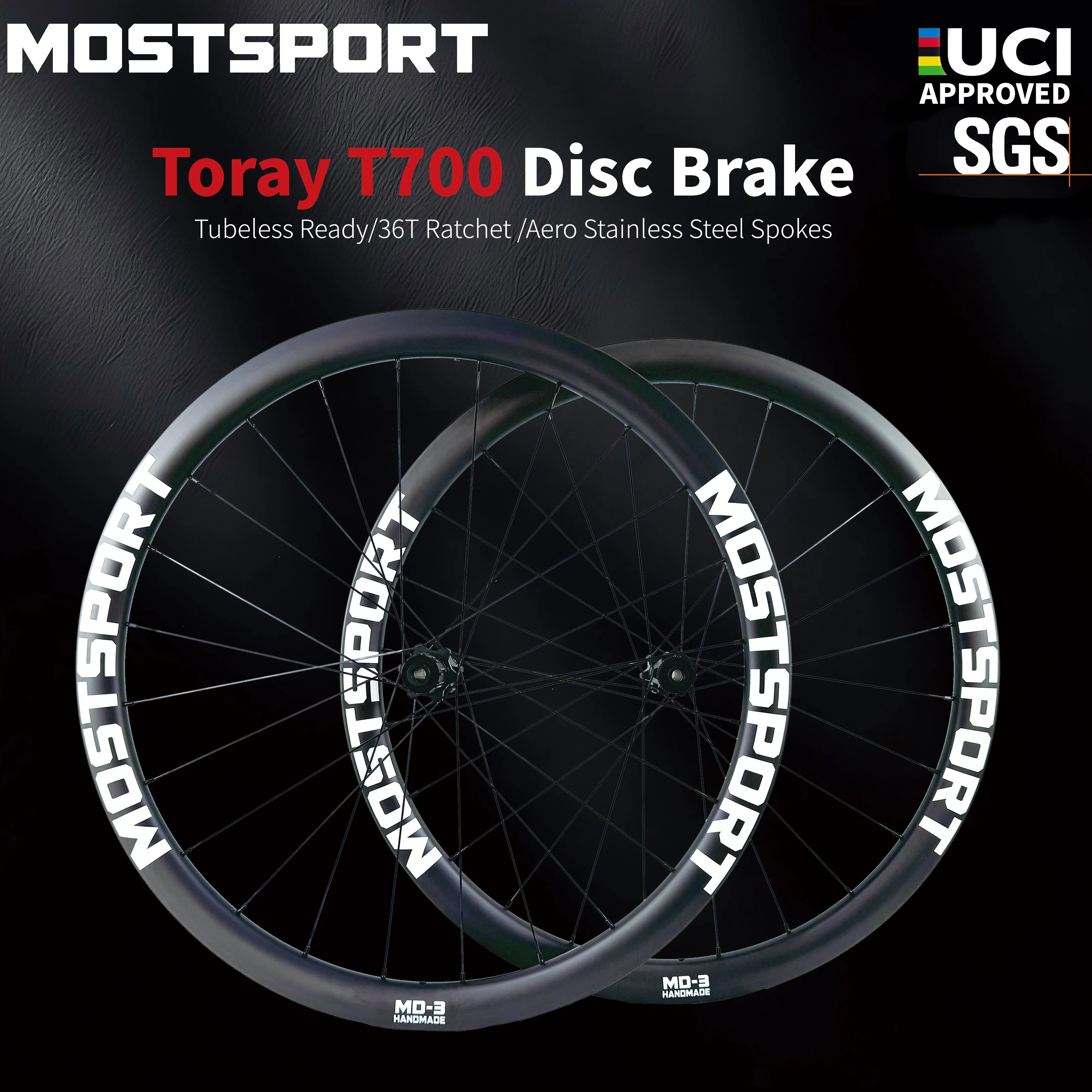 

MOSTSPORT MD-3 700C Carbon Wheels Road Brake Tubeless Clincher UCI Approved Wheelset Center Lock HG/XDR 36T Ratchet Hubs