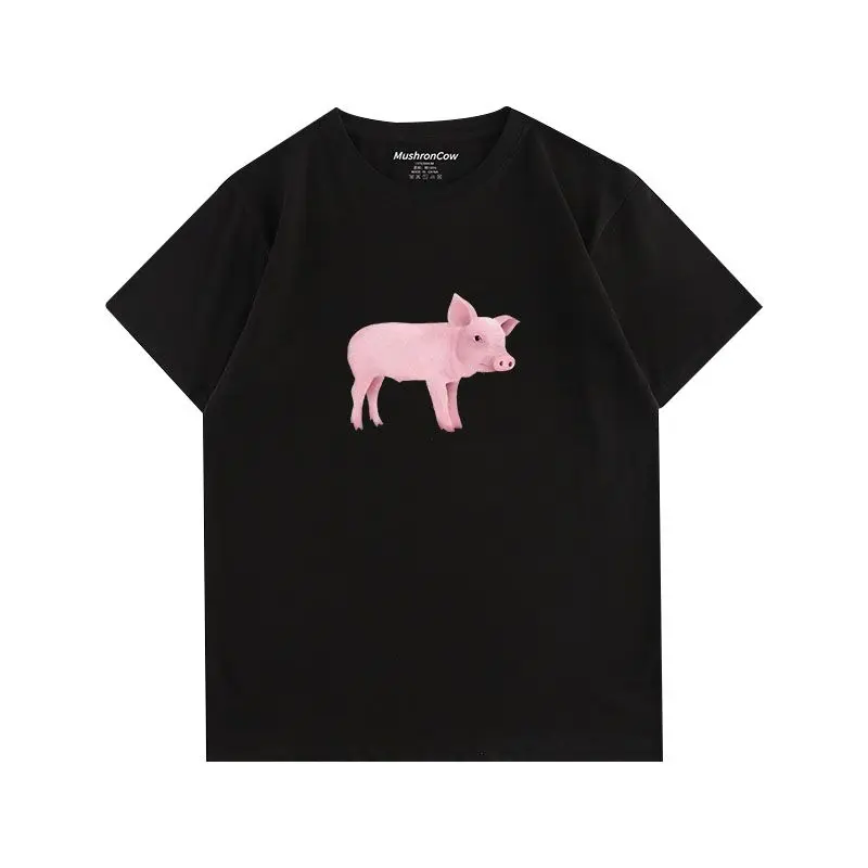 

American High Street Pink Piggy Print Loose Comfortable Casual Short-sleeved T-shirt Couples for Men and Women