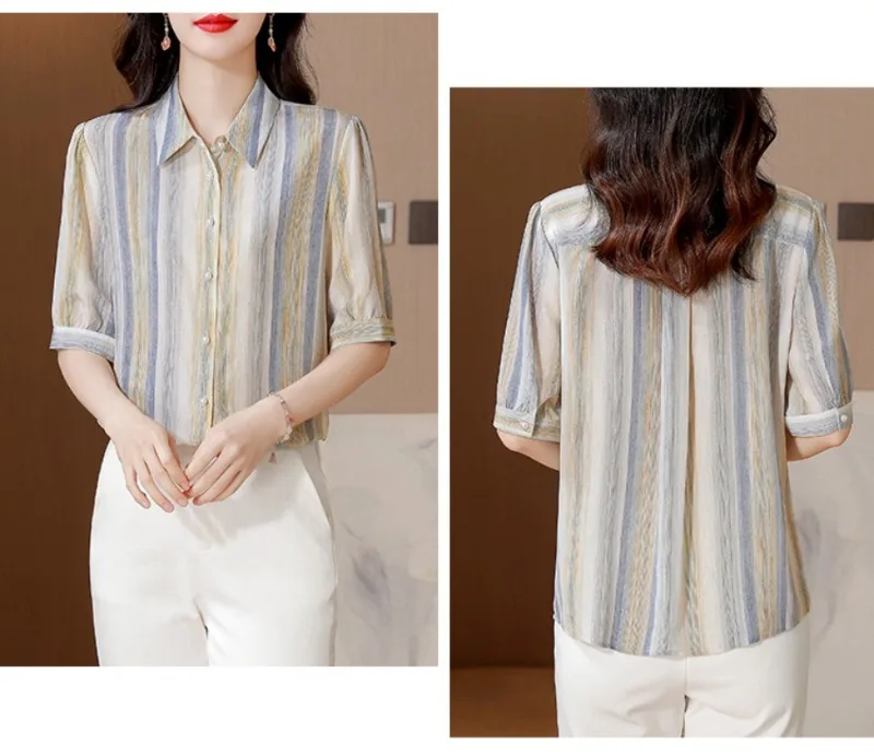 เสื้อผู้หญิงผ้าซาตินลายทางสไตล์เกาหลี แฟชั่นหลวมๆ สำหรับฤดูใบไม้ผลิ/ฤดูร้อน เสื้อผ้าวินเทจ แขนสั้น เสื้อผู้หญิง