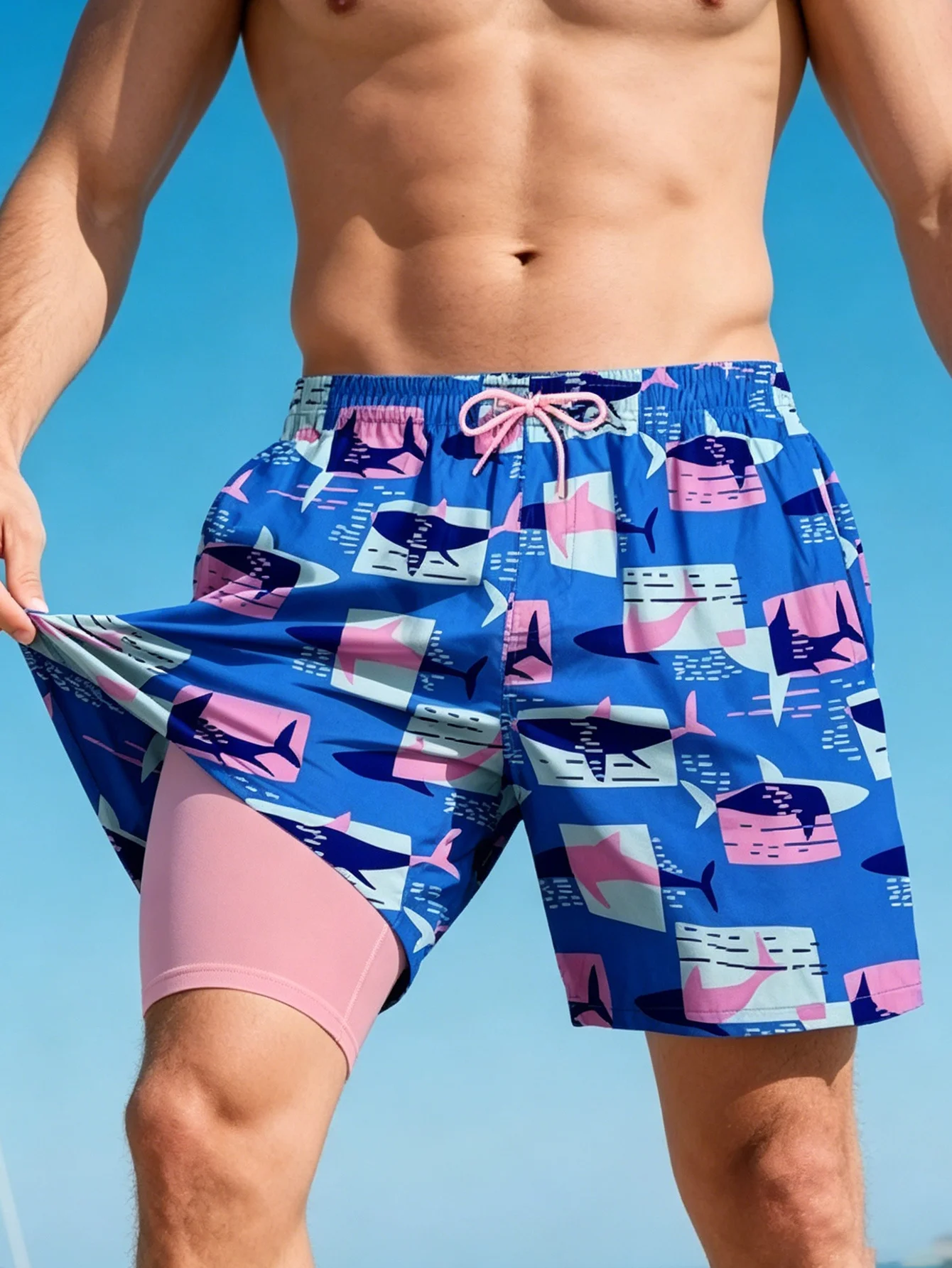 2 in 1 Mens Swim Trunks Waterproof Sand-proof Quick-drying and Breathable Surf Shorts with An Elastic Drawstring Waist