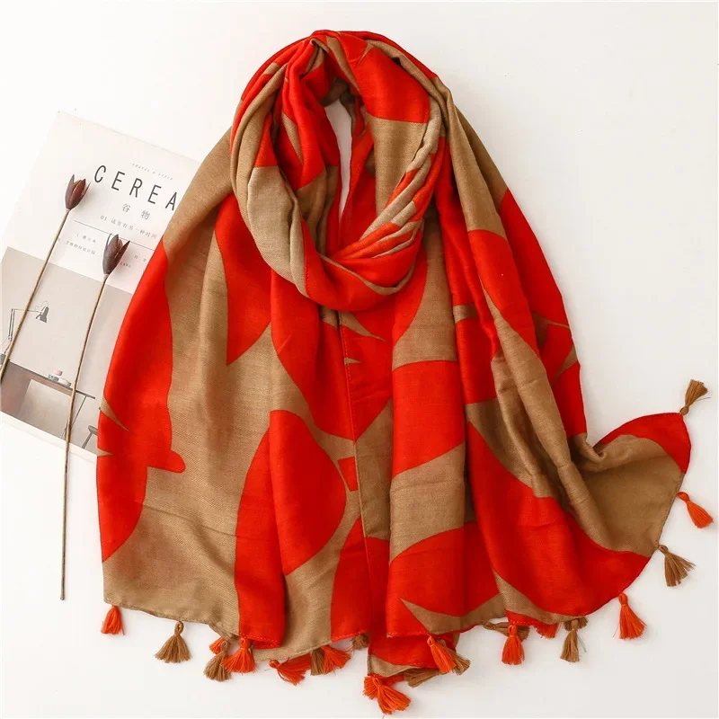 New Women\'s Summer Korean Version of All Matching Thin Gauze Scarf Cotton and Linen Scarf Red and Brown Printed Hijabs