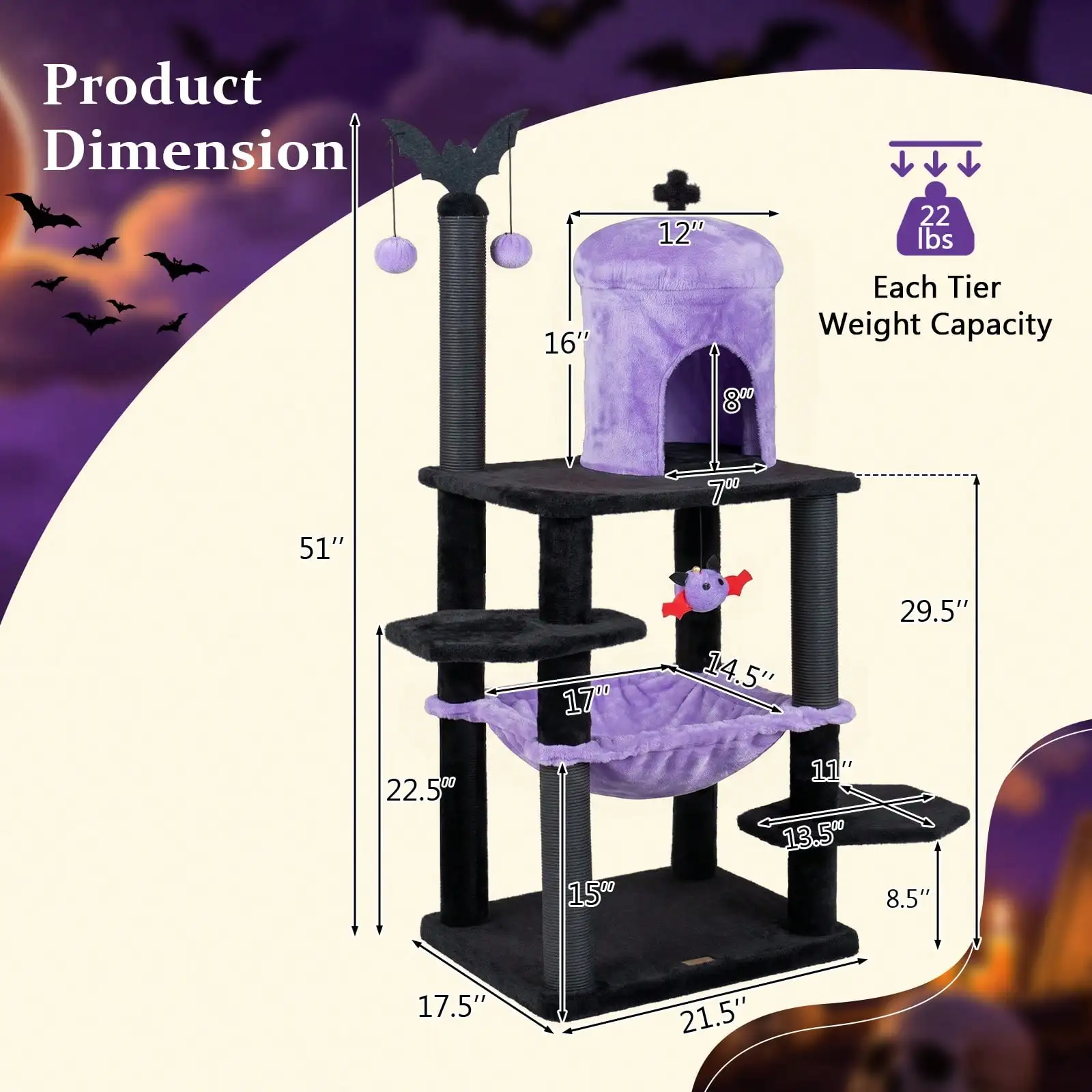 Gothic Cat Tree For Indoor Cats 51'' Spooky Cat Tower W/Castle House Hammock