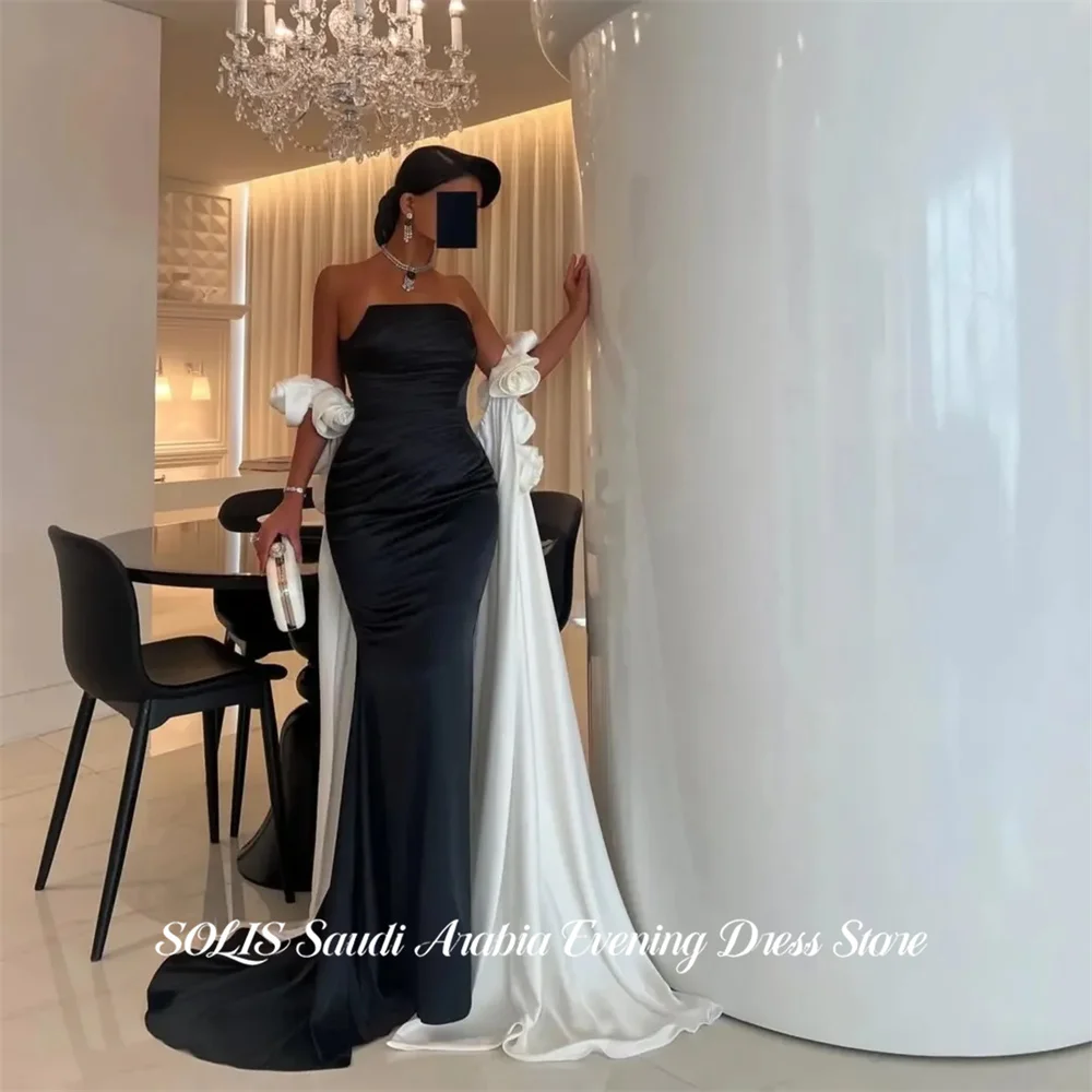 

SOLIS Black and White Prom Dress Strapless Mermaid Celebrity Dresses with Train Women's Evening Dress for Gala Flower Customized
