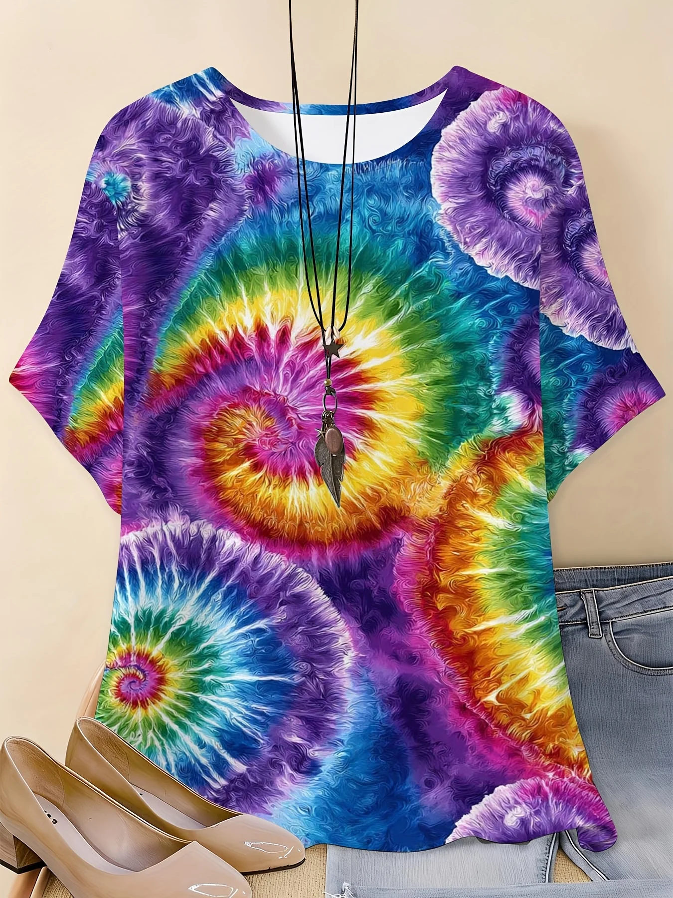 Women Crew Neck Short Sleeve Top Rainbow Spiral Tie Dye Print Loose Fit Soft Breathable Casual Hippie Style Summer Daily Shirt