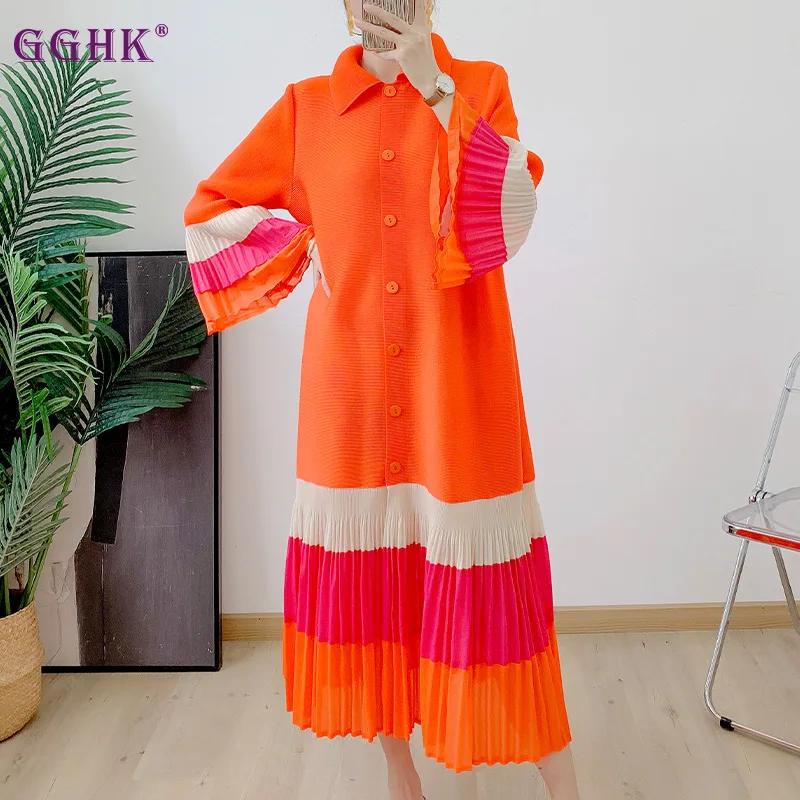 GGHK Women Casual Dress 2024 Autumn New Lapel Long-sleeved Single-breasted Color Blocking Design Loose Big Yards Fashion Dresses