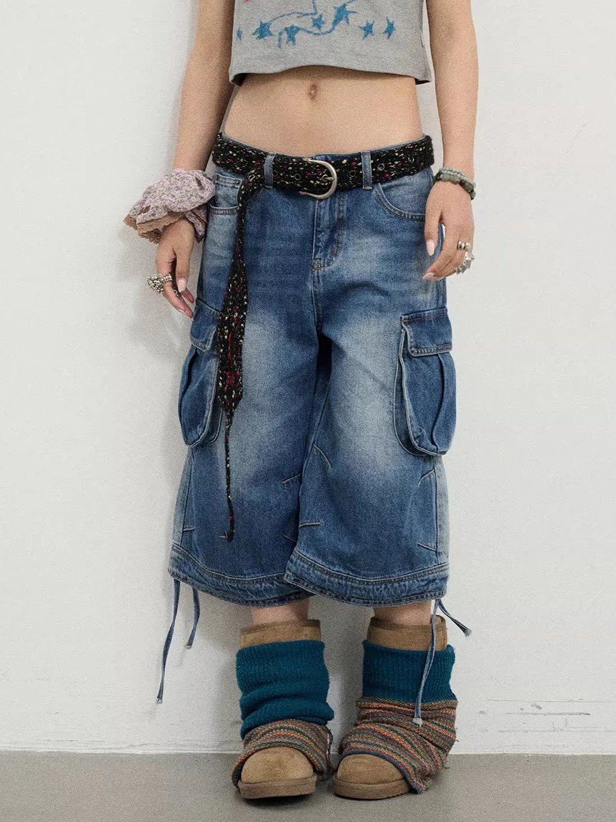 REDDACHiC Boyfriend Cargo Tasche Bermuda Pantaloni Donna Uomo Pantaloncini di jeans Do Old Coulisse Jeans larghi Anni '90 Skater Y2k Streetwear