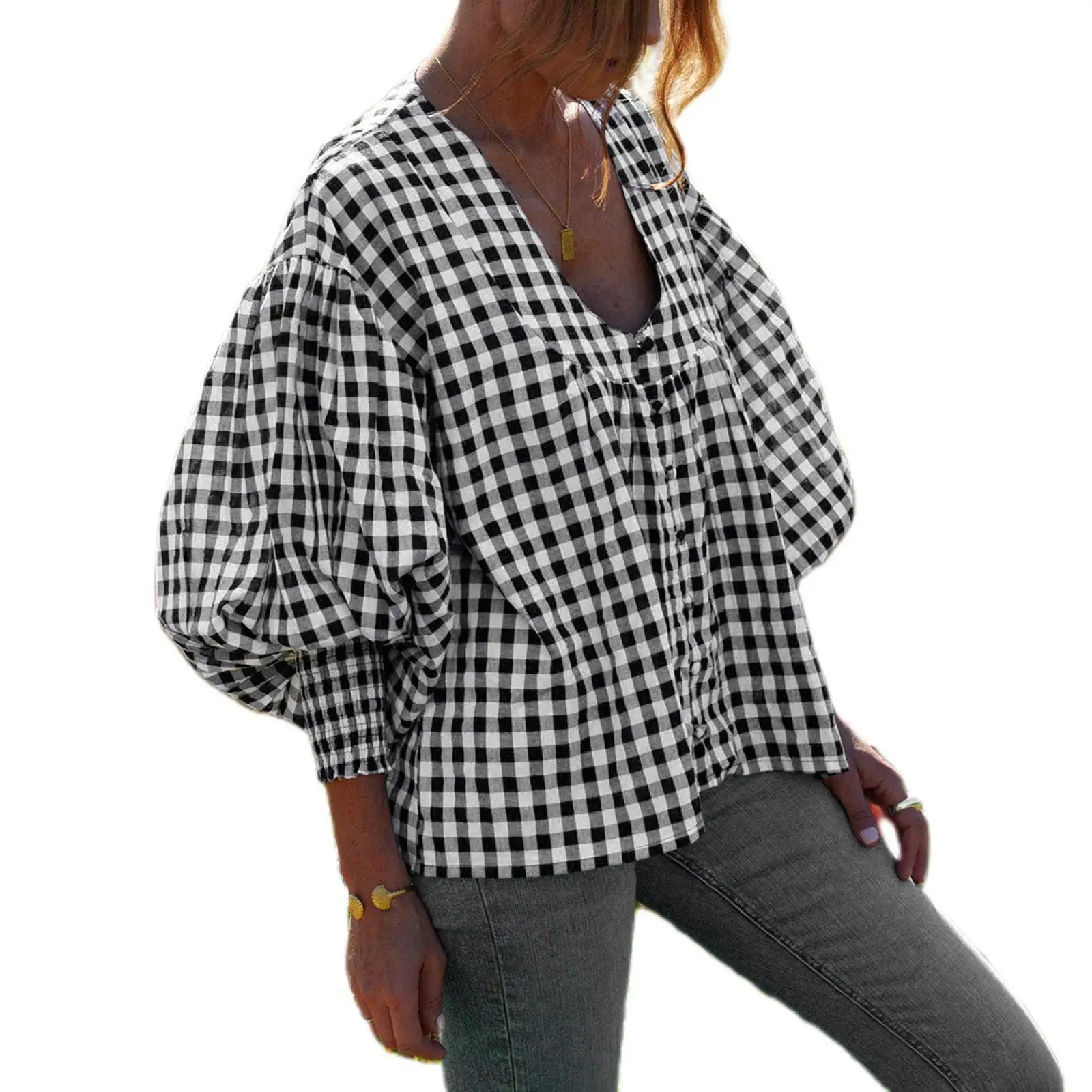 เสื้อผ้าผู้หญิง คอจีบ ลายสก็อต แขนยาวทรงบับเบิ้ล ผ้าโพลีเอสเตอร์ สวมใส่สบาย สไตล์ลำลอง