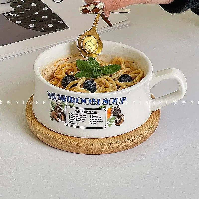 400ML American Vintage Ceramic Mushroom Bowl Breakfast Oat Cup Cute Ceramic Cups Flower Coffee Mug Premium Instant Noodle Bowl