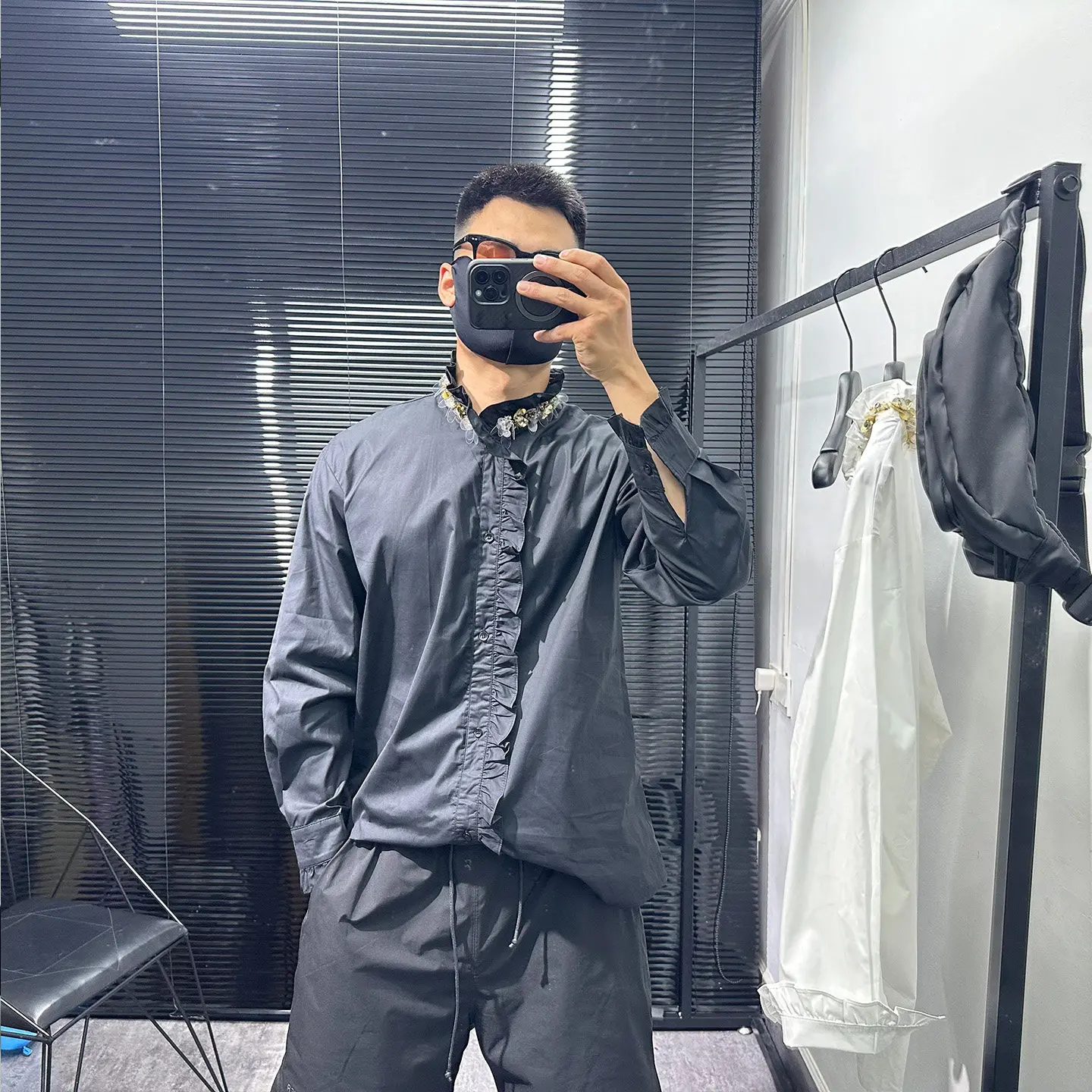 Dark Style High Sense Heavy Industry Beads Design Stand Collar Long Sleeve Shirt Men's Avant-Garde Loose Leisure All-Matching