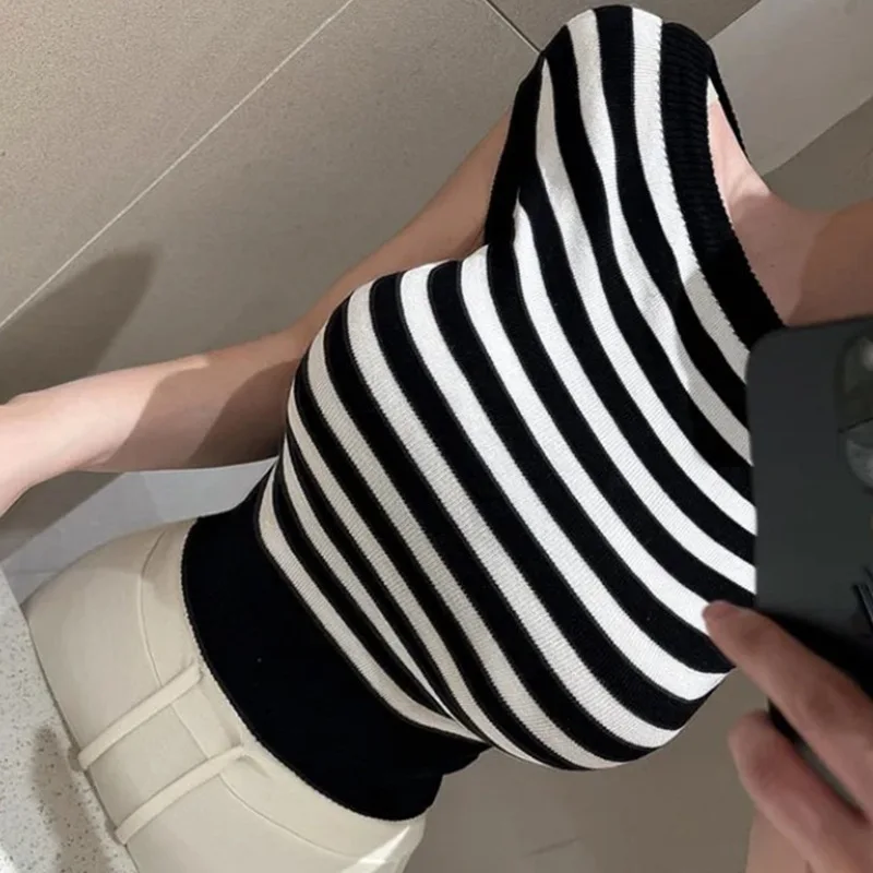 Korean OL tops Slim Sexy Hot Girl Striped Design Versatile Knitted Top T-Shirt Women's Fashion Women Tshirt Tees Fashion RPG8