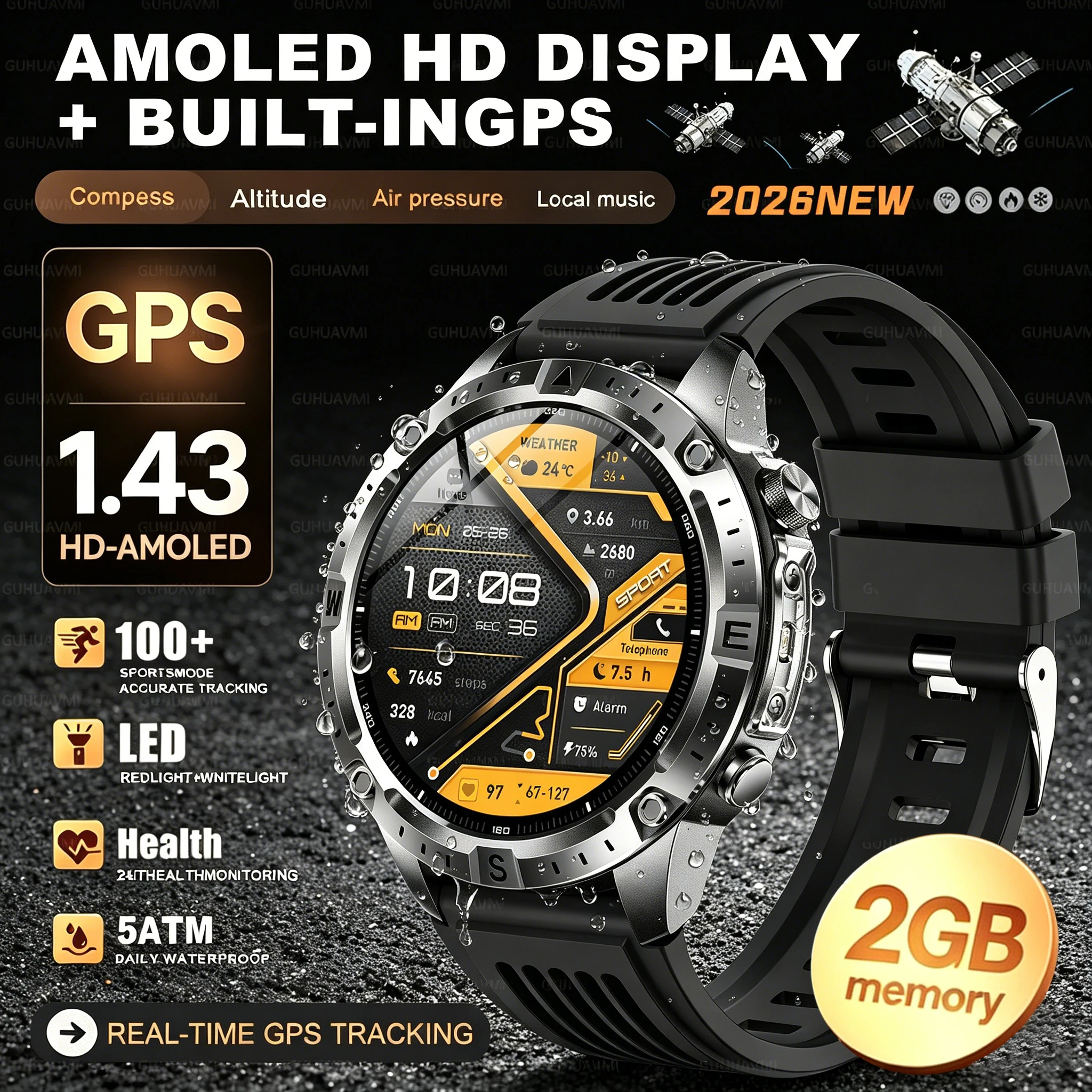 

Новые военные спортивные часы 2026 года с GPS, офлайн-картами, памятью 2 ГБ, 170+ спортивными режимами, мониторингом здоровья, HD-звонками, водонепроницаемые, для мужчин
