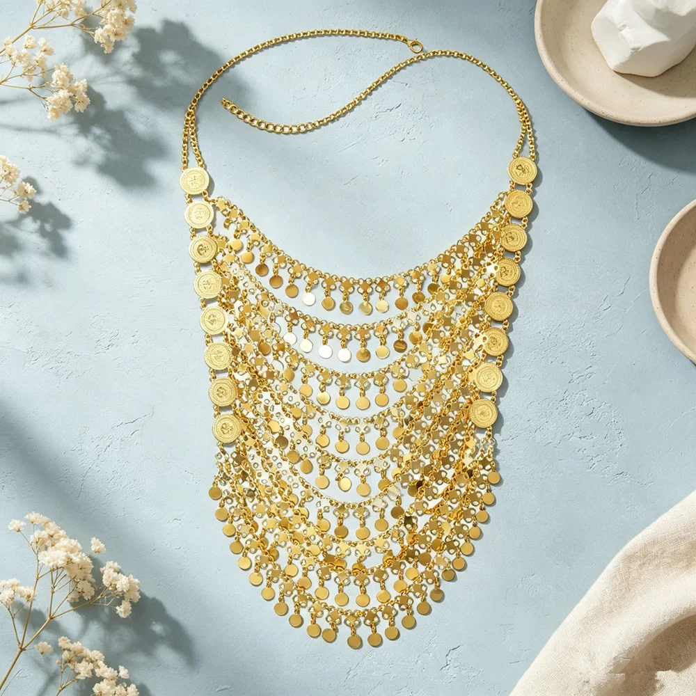 Luxury Arabian Bridal Coin Necklace Hollow Mesh Metal Multi‑Tier Dangling Coin Tassel Necklace For Evening Gown Party Jewelry