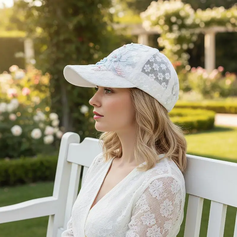 Weiß-Rosa Spitzen-Baseballkappe mit gestickten Blumen, atmungsaktive Baseballkappe, elegante Entenschnabel-Mesh-Sonnenschutzkappe – Detail 14