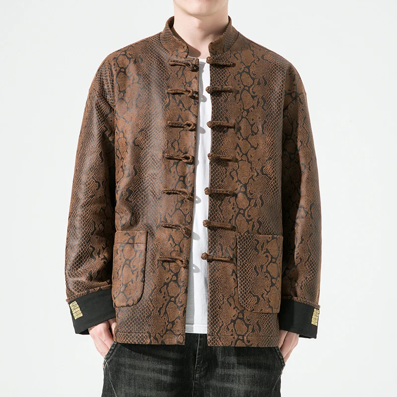 

Loose Fit Men's Tang Suit Jaet Autumn Season Chinese Sle Retro Button Stand Collar Snake Pattern Print Hanfu Outerwear