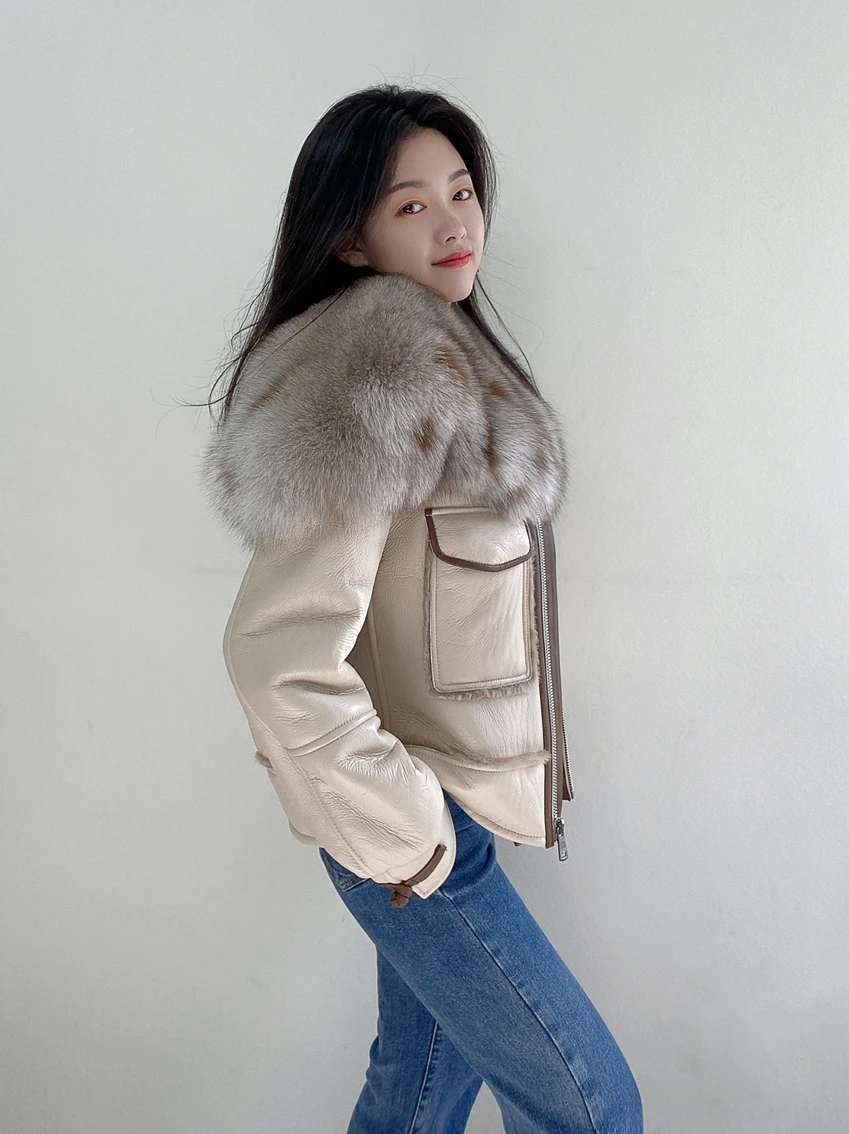 HDHOHR 2024New Fox Fur Collar Women Genuine Leather Shearling Jacket Winter Thick Warm Real Fur Wool Lining Sheepskin Short Coat