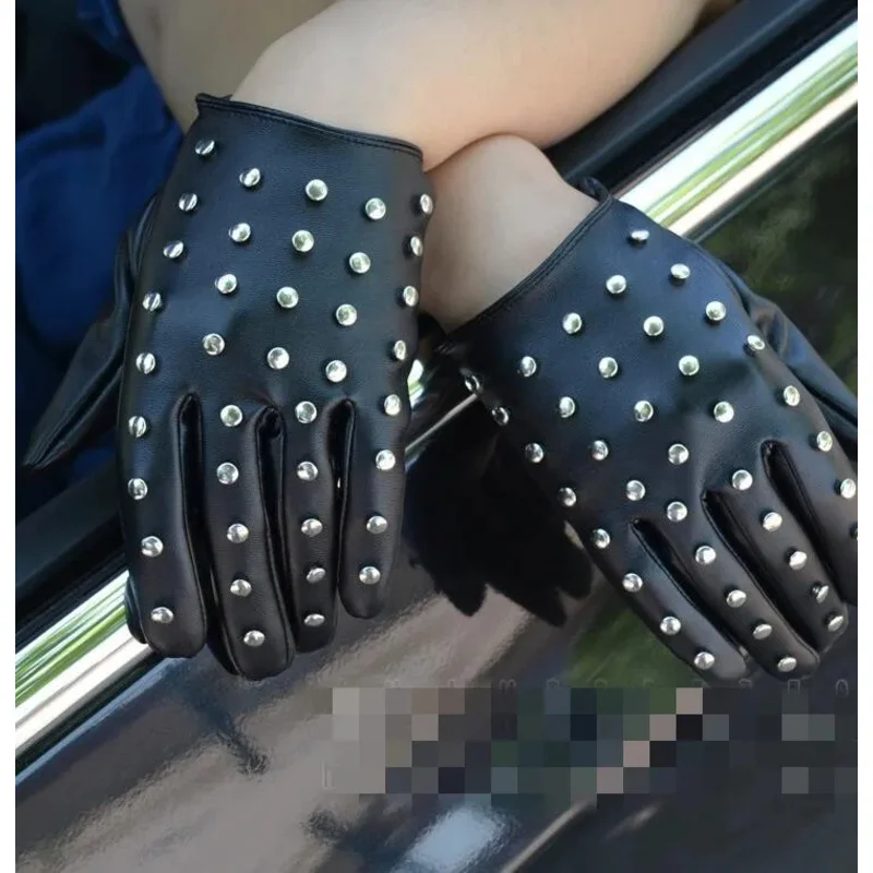 New fashion women's punk rivets motorcycle gloves fashion PU leather glove female accessories Black outdoor riding Guantes r3222