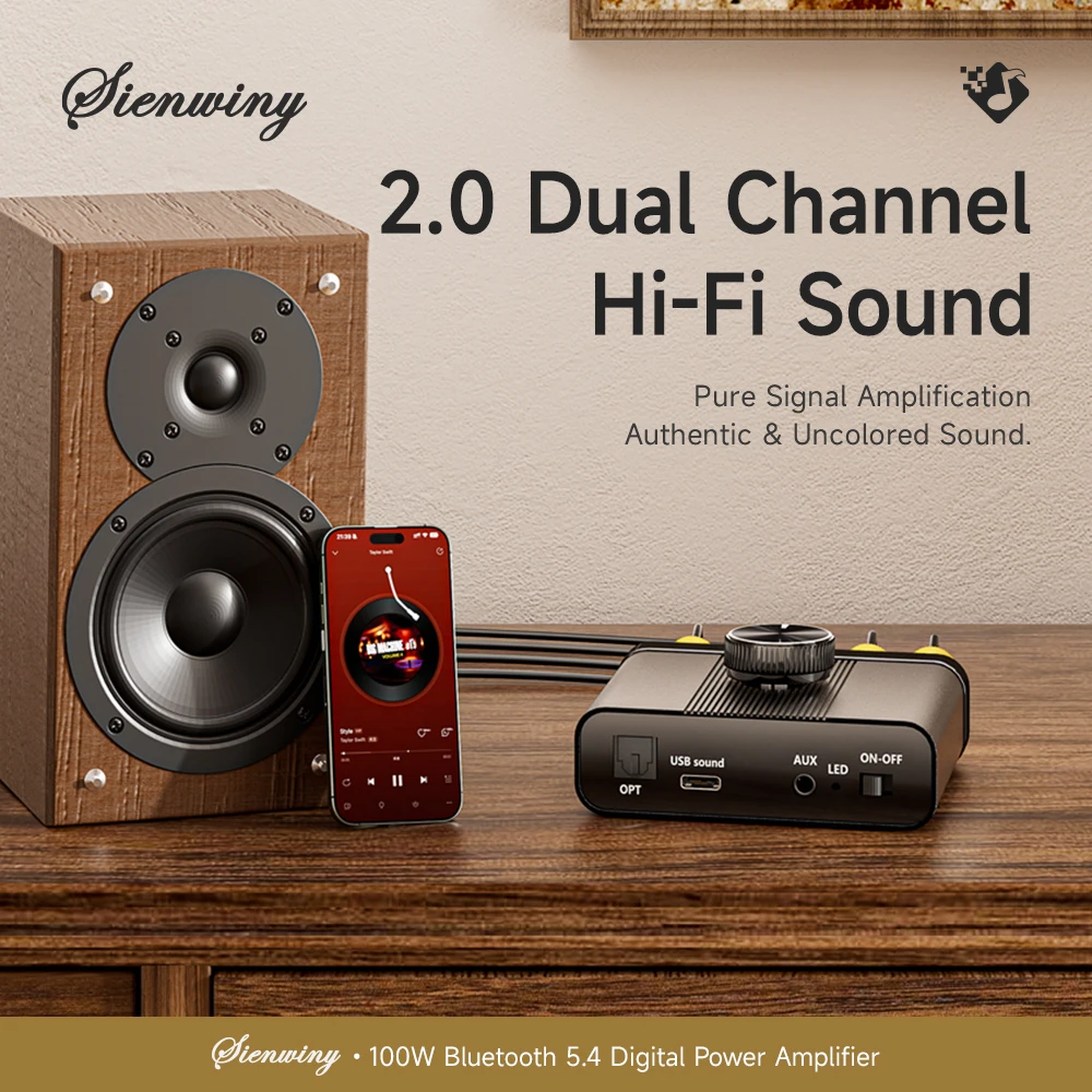SIENWINY YS-D100 Bluetooth 5.4 Power Amplifier Board 100W TPA3116D2 HiFi Stereo Amp AUX USB OPT 2.0 Channel