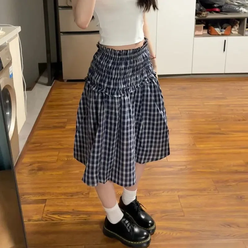 2026 Damen Knielanger 2000er Sommer Koreanischer High-Waist A-Linien-Rock Harajuku Ästhetischer Patchwork Vintage Karomuster Minirock