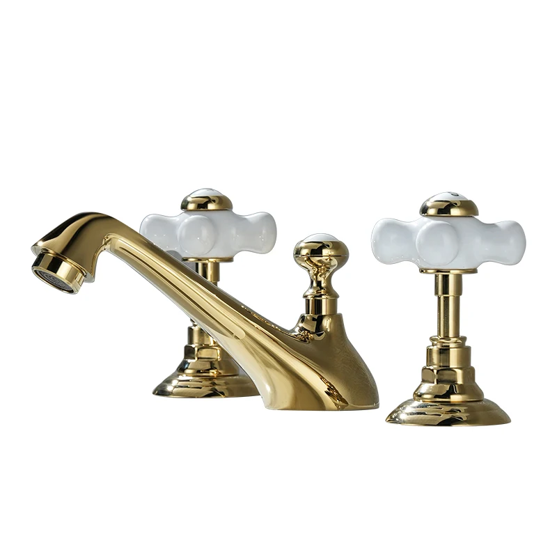 

Deck Mounted Brass Bathroom Vanity Sink Faucet 3 Hole Double Handle Hot And Cold Mixer Taps Bathroom Toilet Faucet Gold