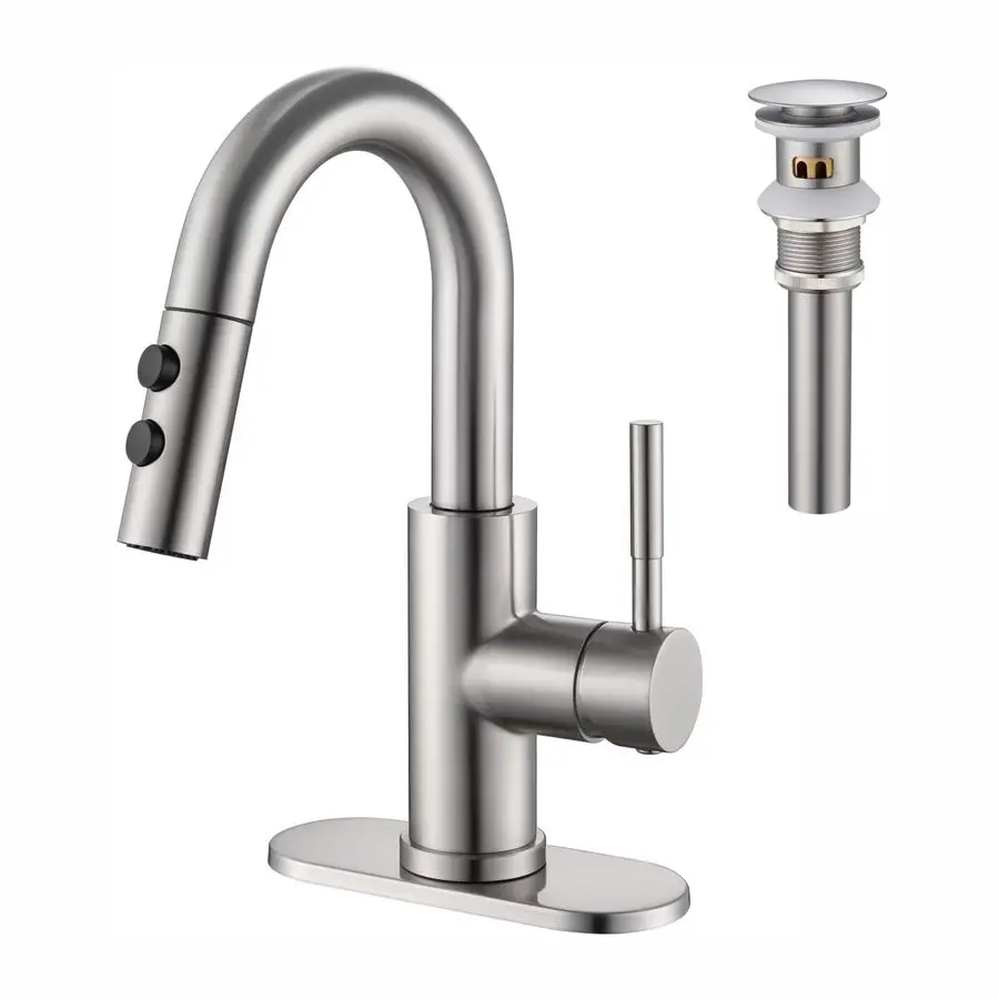 

Sink Faucet with Pull Down Sprayer, Brushed Nickel Single Handle Pull Out Faucet with PopUp Drain, 1 or 3 Hole Laundry Bar Basin