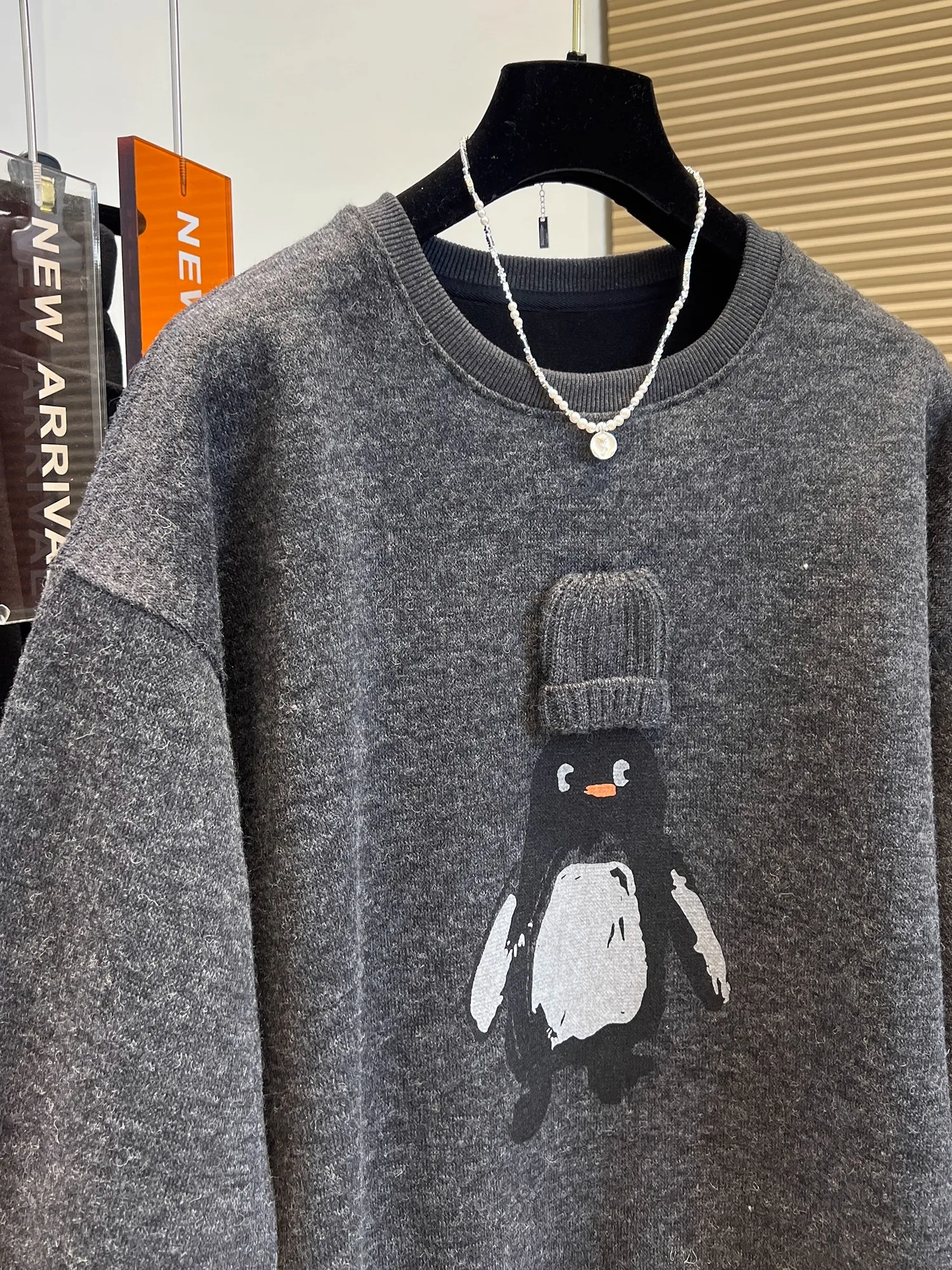 Koreaanse Sle Fce gevoerde lange mouwen ronde hals pinguïnprint sweatshirt dames plus size comfortabele winter nieuwe collectie top