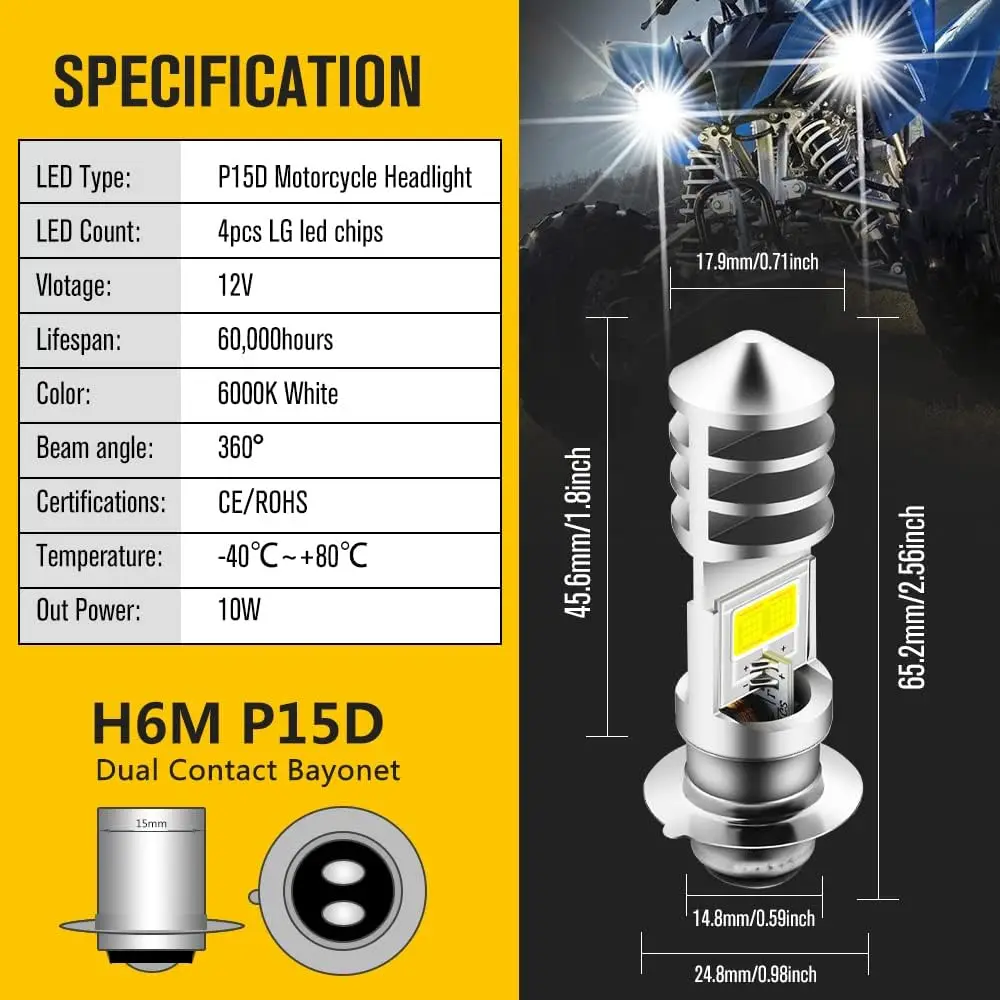 for Yamaha Kodiak Raptor 700 LED Lights, 4KB-84314-01-00 Bulb, Powerful Bright White H6M/P15d LED Directly Replace ATVs OEM 12V