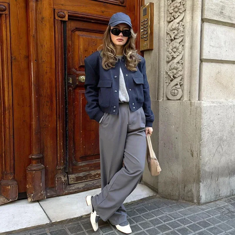 Vintage Oversize Bomber Jacket Women Fashion University Baseball Jacket Button Up Short Autumn Winter Coat Outerwear