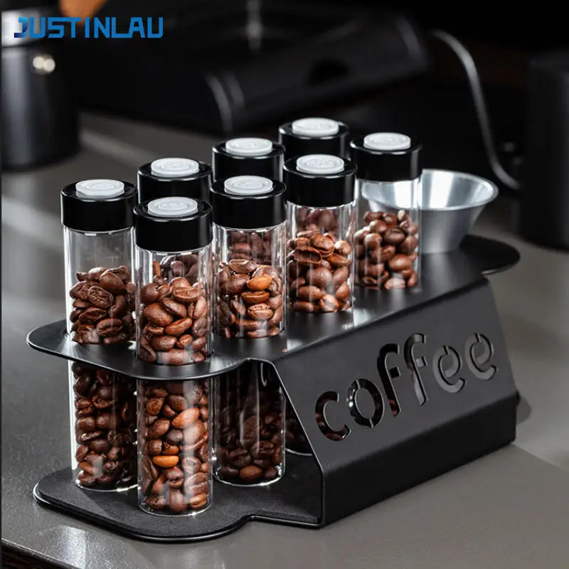 JUSTINLAU Coffee Bean Storage Display Rack Clear Glass Test Tube Canisters with One-way Degassing Valve Coffee Accessories Sets