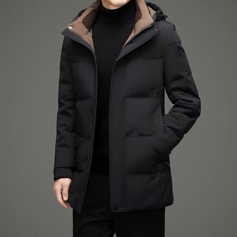 Winter Men White Duck Down Jacket Medium Length Hooded Puffer Coat Windproof Zipper Casual Business Warm Thick Down Outerwear