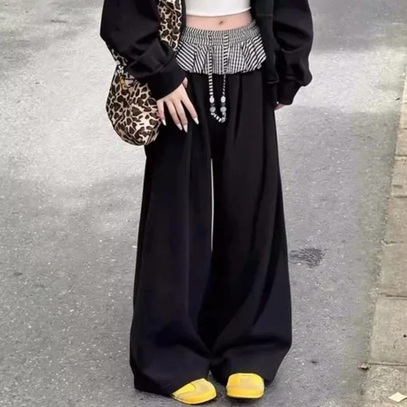 ANJY Spring Autumn New Women Fashion Patchwork Fake Two-Piece Wide Leg Casual Pants Trendy Stylish Loose Straight Bottoms A20663