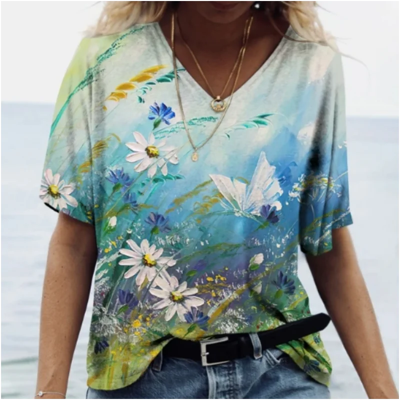 New Colorful V-neck T-shirt with loose comfortable and personalized street style commuting short sleeved pullover top for women