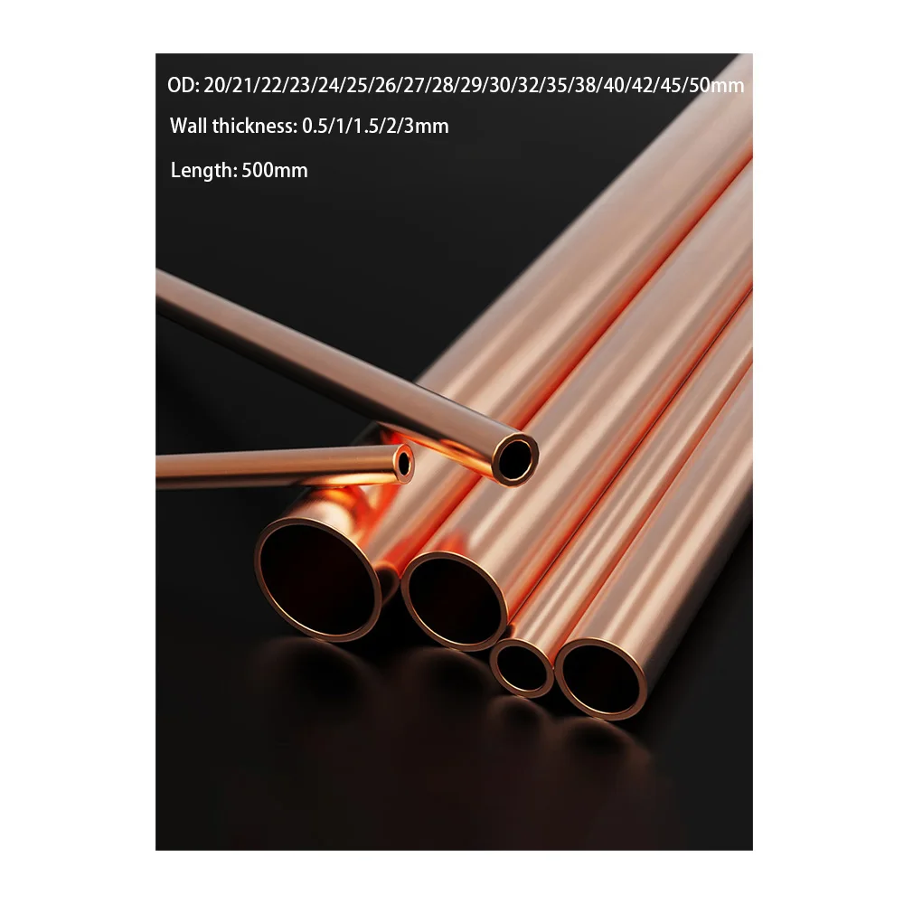 OD 20-50mm T2 Micro Copper Tube Length 500mm Thin Wall Hollow Capillary Hard Straight Copper Pipe Wall Thickness 0.5/1/1.5/2/3mm