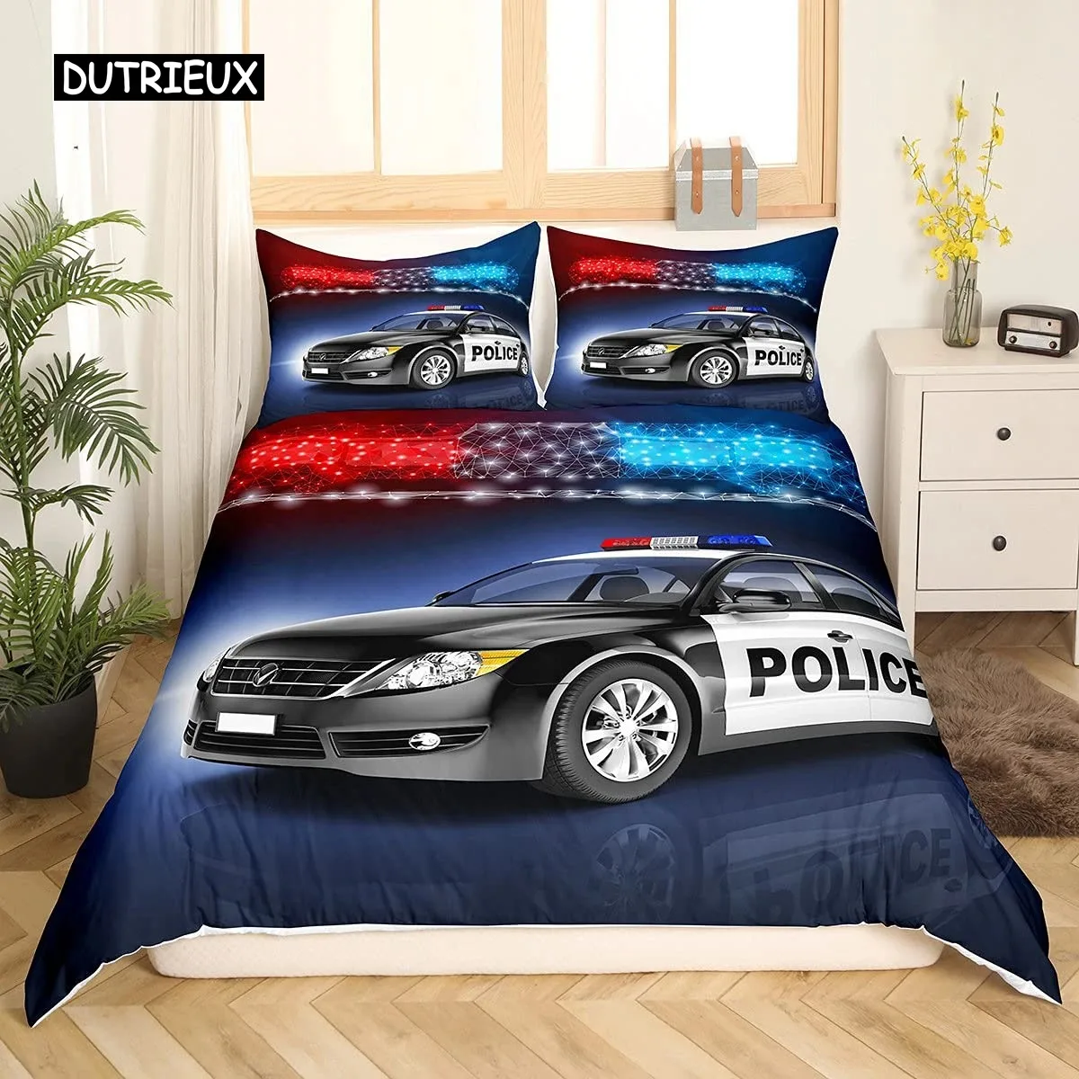 

Policeman Car Duvet Cover Cartoon Police Car Bedding Set Boys Red Blue Cop Lights Polyester Queen King Quilt Cover Room Decor