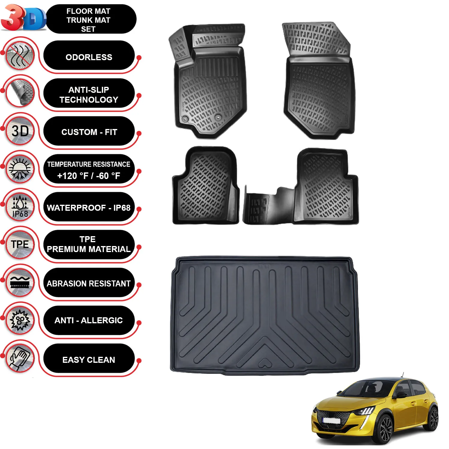 

Peugeot 208 - (2020-2023) - Floor Mats Cargo Trunk Liner - SET - (Black)