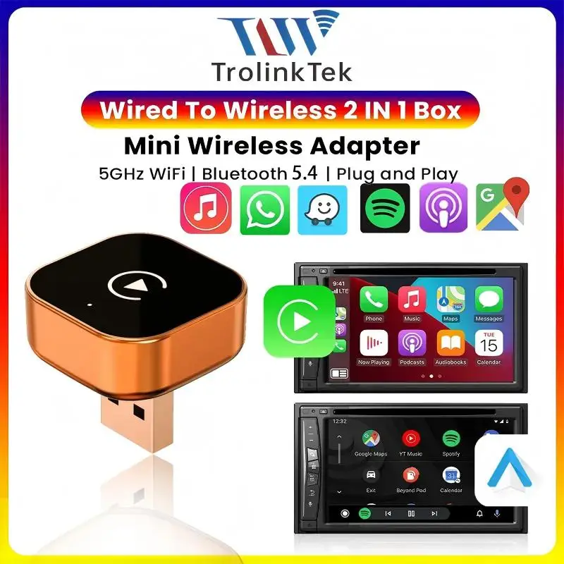 TrolinkTek 2026 Wireless CarPlay Adapter Navigation Upgrade Box 5GHz WiFi USB/Type-C Plug Low Latency Auto-Connect OTA Upgrade