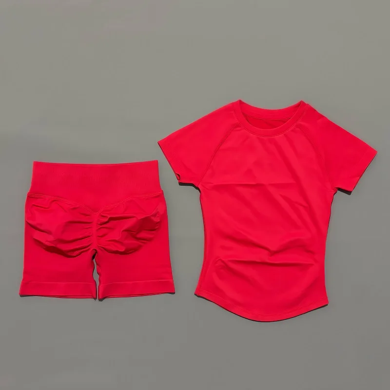 2 Stuks Histello Sportset Vrouwen Korte Mouw Top Naadloze Scrunch Bum Joggers Pak Trainingsbroek Past Gym Fitness Sets