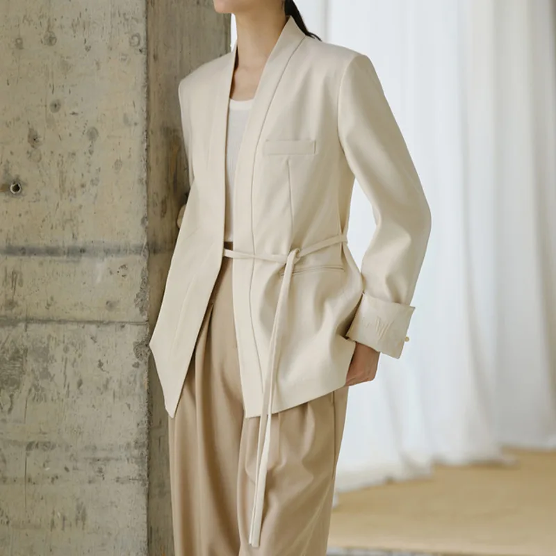 KWTX damesontwerper hoge kwaliteit jacquard satijn patchwork stropdas riem casual elegante luxe blazer lente zomer 2025,