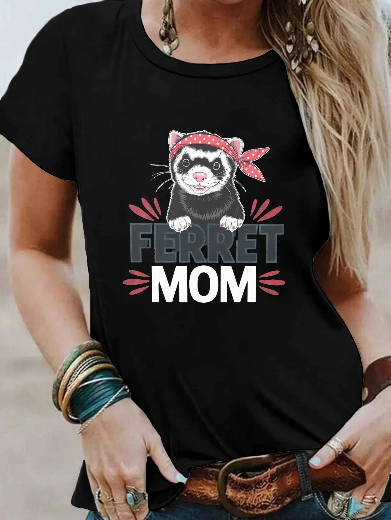 FERRET MOM Print T-shirt, Short Sleeve Crew Neck Casual Top for Summer & Spring, Women's Clothing