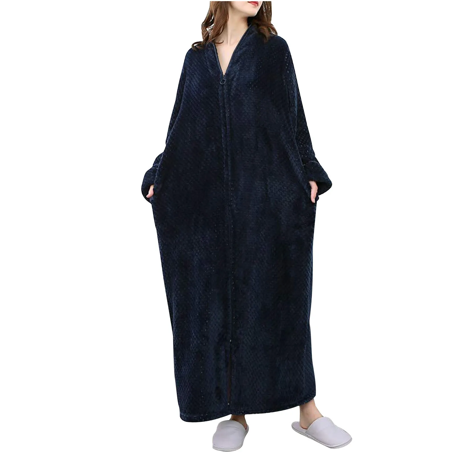 Women Winter Bathrobe Zipper Extra Long Jacquard Flannel Warm Bathrobe Loose Coral Fleece Bath Robe Solid Dressing Gown Robes